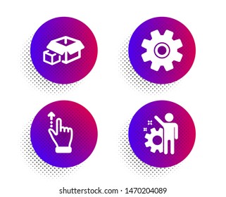 Touchscreen gesture, Packing boxes and Service icons simple set. Halftone dots button. Employee sign. Slide up, Delivery package, Cogwheel gear. Cogwheel. Technology set. Vector