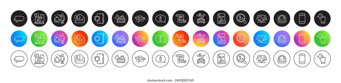 Touchscreen gesture, Phone timing and Report line icons. Round icon gradient buttons. Pack of Medical prescription, Disaster, Airplane icon. Smartphone, Information, Currency audit pictogram. Vector