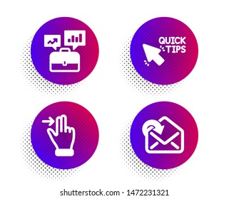 Touchscreen gesture, Quick tips and Business portfolio icons simple set. Halftone dots button. Receive mail sign. Slide right, Helpful tricks, Job interview. Incoming message. Business set. Vector