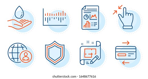 Gesto de pantalla táctil, carteles de reclutamiento de Seguridad e Internacional. Conjunto de iconos de línea de plano de arquitectos, documento de informe y diagrama de columna. Tarjeta de crédito, símbolos de cuidado de agua. Conjunto de iconos de esquema. Vector