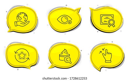 Signo de gesto de pantalla táctil. Certificado de diploma, salva las burbujas de chat del planeta. La visión, los puntos de lealtad y los iconos de la línea de piel de Collagen se establecen. Visión ocular, Bonus de recompensa, Cuidados de piel. Alejar. Vector