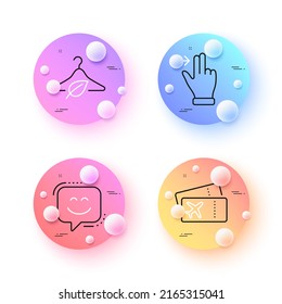 Touchscreen gesture, Slow fashion and Smile face minimal line icons. 3d spheres or balls buttons. Boarding pass icons. For web, application, printing. Slide right, Eco tested, Chat. Vector