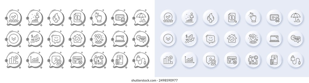 Touchscreen gesture, Smile face and Rating stars line icons. White pin 3d buttons, chat bubbles icons. Pack of Charging cable, Decreasing graph, Laptop icon. Vector
