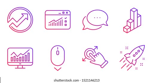 Touchscreen gesture, Statistics and Dots message line icons set. Web traffic, Scroll down and Audit signs. 3d chart, Startup rocket symbols. Drag drop, Financial report. Technology set. Vector