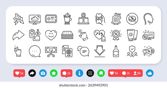 Touchscreen gesture, Sunscreen and Genders line icons pack. Social media: share, comment, like icons. Passport document, Security agency, Latte coffee web icon. Vector