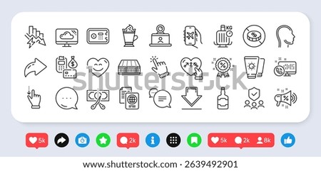 Touchscreen gesture, Sunscreen and Genders line icons pack. Social media: share, comment, like icons. Passport document, Security agency, Latte coffee web icon. Vector