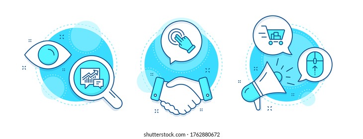Touchscreen gesture, Swipe up and Shopping cart line icons set. Handshake deal, research and promotion complex icons. Accounting sign. Click hand, Scrolling page, Online buying. Vector