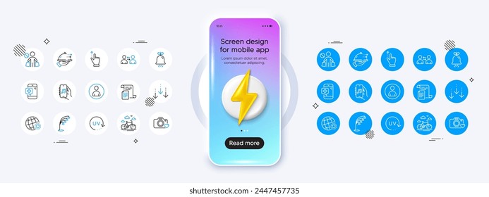 Touchscreen gesture, Uv protection and Floor lamp line icons. Phone mockup with 3d energy icon. Pack of Stop shopping, Medical phone, Photo camera icon. Bell, Documents, Avatar pictogram. Vector