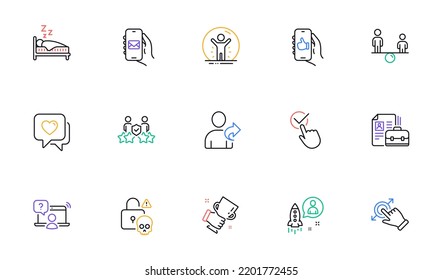 Touchscreen gesture, Vacancy and Startup line icons for website, printing. Collection of Sleep, Online question, Refer friend icons. Heart, Recovered person, Equity web elements. Vector