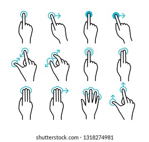 Touchscreen gestures collection. Hand actions on gadget screen - tap, long press, swipe, pinch, spread, double tap etc. Set of vector outline icons.