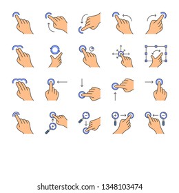 Touchscreen gestures color icons set. Tap, point, 2x tap, 3x click gesturing. Flick, zoom gesture. Vertical, horizontal scroll up, down. Drag finger all directions. Isolated vector illustrations