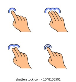 Touchscreen gestures color icons set. Tap, point, click, double tap, drag, double click gesturing. Touch and hold. Human fingers. Isolated vector illustrations