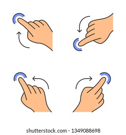 Touchscreen gestures color icons set. Flick left, flick right gesturing. Flick up and flick down, touch gesture. Human fingers. Isolated vector illustrations