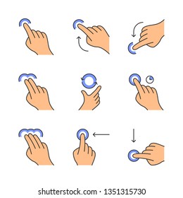 Touchscreen gestures color icons set. Tap, point, click, 2x tap, drag, double click gesturing. Flick left and flick down. Vertical scroll up, scroll down. Touch and hold. Isolated vector illustrations