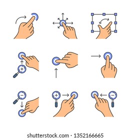 Touchscreen gestures color icons set. Vertical scroll up and horizontal scroll right gesturing. Zoom in vertical, zoom out horizontal. Drag finger all directions. Isolated vector illustrations
