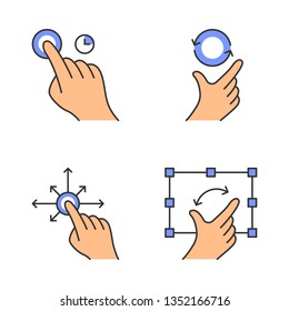 Touchscreen gestures color icons set. Touch and hold, zoom, rotate gesturing. Drag finger all directions. Pinch and pan gesture. Human fingers. Isolated vector illustrations