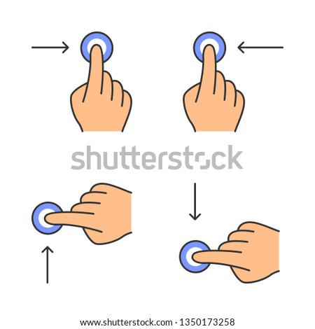 Touchscreen gestures color icons set. Horizontal scroll left, horizontal scroll right gesturing. Vertical scroll up and vertical scroll down. Human fingers. Isolated vector illustrations