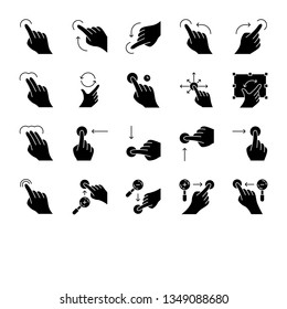 Touchscreen gestures glyph icons set. Tap, point, 2x tap, 3x click gesturing. Flick, zoom gesture. Scroll up, down. Drag finger all directions. Silhouette symbols. Vector isolated illustration