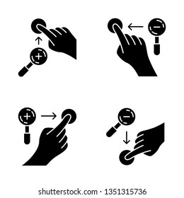 Touchscreen gestures glyph icons set. Zoom in vertical, zoom out vertical gesturing. Zoom in horizontal and zoom out horizontal. Human fingers. Silhouette symbols. Vector isolated illustration