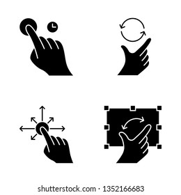 Touchscreen gestures glyph icons set. Touch and hold, zoom, rotate gesturing. Drag finger all directions. Pinch and pan gesture. Human fingers. Silhouette symbols. Vector isolated illustration
