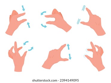 Touchscreen gestures. Hand gestures, smartphone screen swipe, tap, pinch, zoom and rotate gestures flat vector illustration set. Gadget screen touch hand signs collection