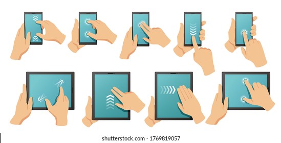 Touchscreen gestures. Hands on smartphone and tablet multi touch screen. Pinch to zoom, swipe and click gesture vector illustration set. Screen touch drag, smartphone gesture move slide