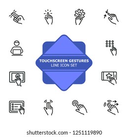 Touchscreen gestures line icon set. Press, tap, smartphone, tablet. Modern technology concept. Can be used for topics like phone features, gesturing, app design