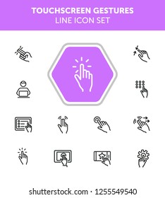 Touchscreen gestures line icon set. Press, tap, smartphone, tablet. Modern technology concept. Can be used for topics like phone features, gesturing, app design