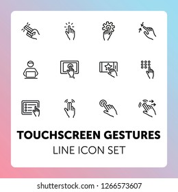 Touchscreen gestures line icon set. Press, tap, smartphone, tablet. Modern technology concept. Can be used for topics like phone features, gesturing, app design