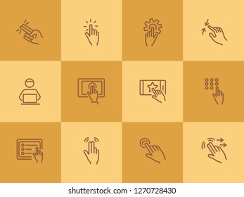 Touchscreen gestures line icon set. Press, tap, smartphone, tablet. Modern technology concept. Can be used for topics like phone features, gesturing, app design
