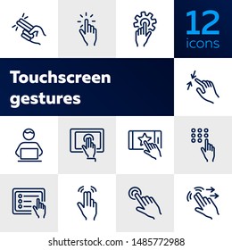 Touchscreen gestures line icon set. Press, tap, smartphone, tablet. Modern technology concept. Can be used for topics like phone features, gesturing, app design