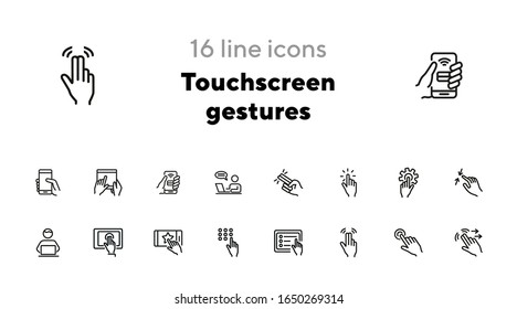 Touchscreen gestures line icon set. Press, tap, smartphone, tablet. Modern technology concept. Can be used for topics like phone features, gesturing, app design