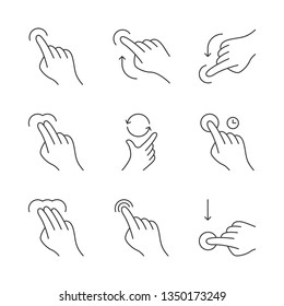 Touchscreen gestures linear icons set. Tap, click, 2x tap, drag. Flick up, flick down. Scroll up, scroll down. Touch and hold. Thin line contour symbols. Isolated vector illustrations. Editable stroke