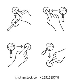 Touchscreen gestures linear icons set. Zoom in vertical, zoom out vertical gesturing. Zoom in horizontal, zoom out horizontal. Thin line contour symbols. Isolated vector illustrations. Editable stroke