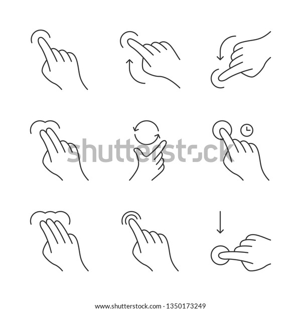 Touchscreen gestures linear icons set. Tap, click,\
2x tap, drag. Flick up, flick down. Scroll up, scroll down. Touch\
and hold. Thin line contour symbols. Isolated vector illustrations.\
Editable stroke