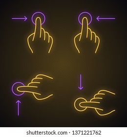 Touchscreen gestures neon light icons set. Horizontal scroll left, horizontal scroll right gesturing. Vertical scroll up and vertical scroll down. Glowing signs. Vector isolated illustrations