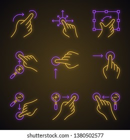 Touchscreen gestures neon light icons set. Vertical scroll up and horizontal scroll right gesturing. Zoom in vertical, zoom out horizontal. Drag fingers. Glowing signs. Vector isolated illustrations
