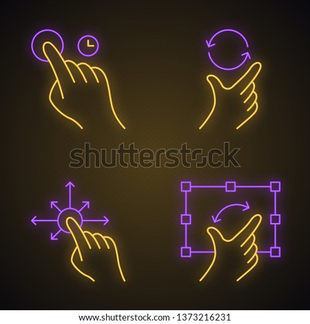 Touchscreen gestures neon light icons set. Touch and hold, zoom, rotate gesturing. Drag finger all directions. Pinch and pan gesture. Human fingers. Glowing signs. Vector isolated illustrations