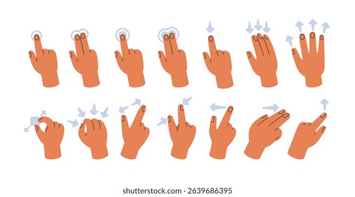 Touchscreen gestures set. Fingers, hands making interactive digital commands on touch screen, click, swipe left and right, scroll, zoom and tap. Flat vector illustration isolated on white background