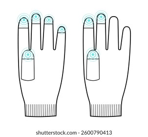Touchscreen Gloves Five Three Fingers Fashion hand accessory clothing technical illustration garment. Vector back view for Men, women, unisex style flat template CAD mockup sketch on white background