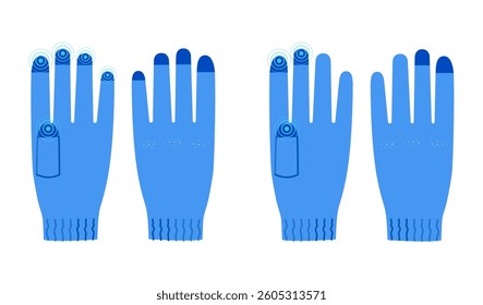 Touchscreen Gloves Five Three Fingers blue cartoon Fashion hand accessory clothing technical illustration garment. Vector front palm back view for Men, women, unisex style flat on white background