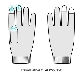 Touchscreen Gloves Three Fingers Fashion hand accessory clothing technical illustration garment. Vector front palm back view for Men, women, unisex style flat template CAD mockup on white background