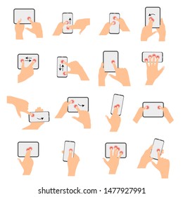 Touchscreen hand gestures collection with male hands holding and using smartphones and tablets in flat style. Isolated vector illustration