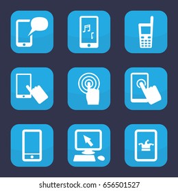 Touchscreen icon. set of 9 filled touchscreen icons such as poker on phone, pointer on display, finger on display, phone