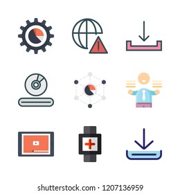 touchscreen icon set. vector set about businessman, notification, analytics and video player icons set.