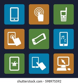 touchscreen icons set. Set of 9 touchscreen filled icons such as Poker on phone, pointer on display, finger on display, etc.