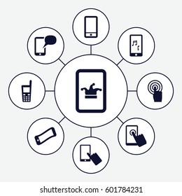 touchscreen icons set. Set of 9 touchscreen filled icons such as Poker on phone, finger on display, phone