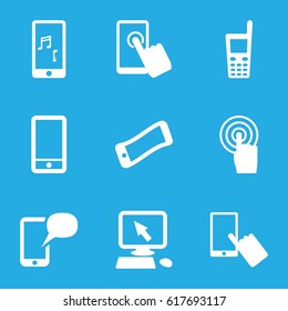 Touchscreen icons set. set of 9 touchscreen filled icons such as pointer on display, finger on display, phone, touchscreen