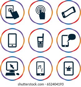 Touchscreen icons set. set of 9 touchscreen filled icons such as poker on phone, pointer on display, phone
