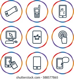 touchscreen icons set. Set of 9 touchscreen outline icons such as Poker on phone, pointer on display, finger on display, phone